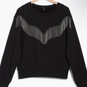 All Saints Black Zaniah Tassel Trim Sweatshirt with Silver Accents NWT